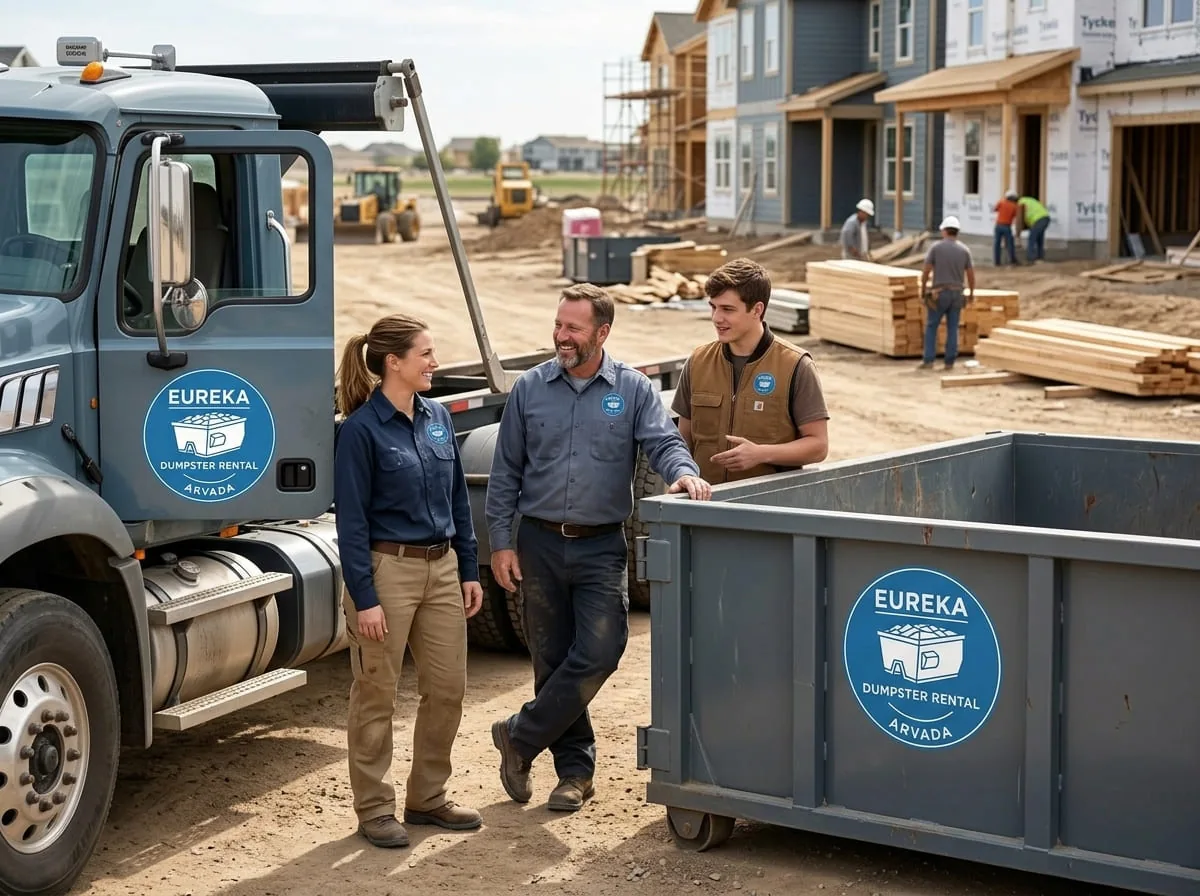 Eureka Dumpster Rental Arvada crew answering questions beside a roll-off container